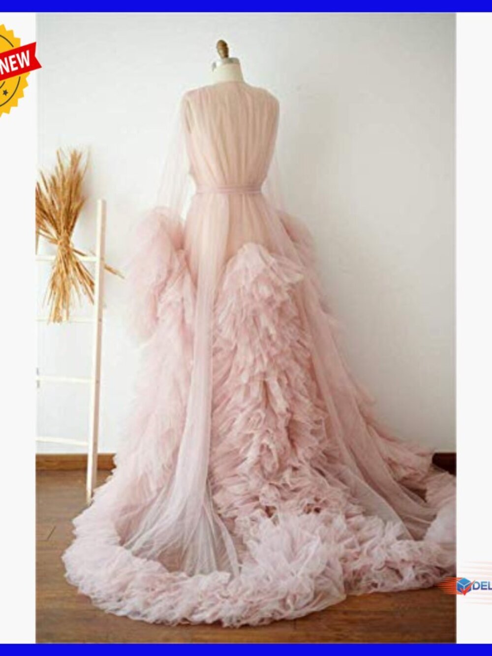 Tulle Maternity Robe Long Sleeve V-Neck Floor Length Photoshoot Gown - Picture 2 of 7